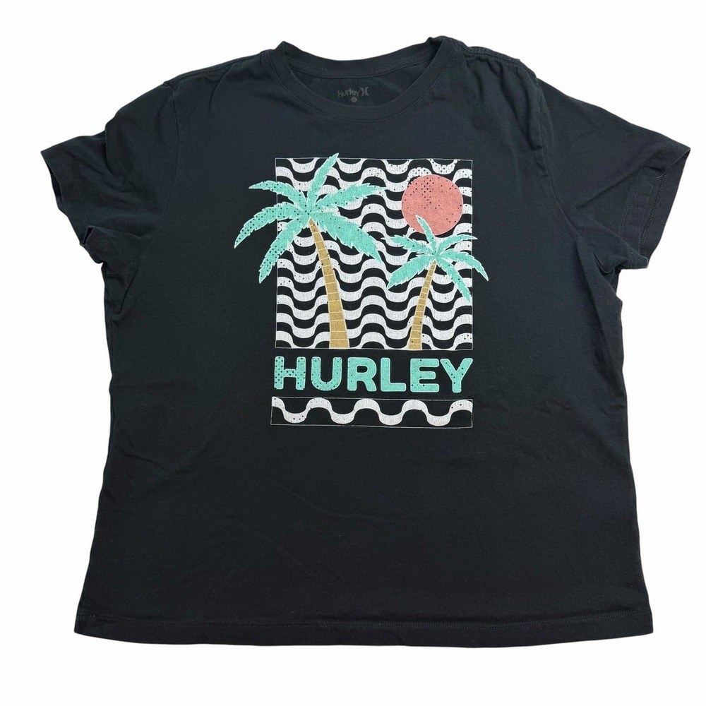 Women's Hurley Skater Surfer Black Printed Boxy Tee Shirt XL